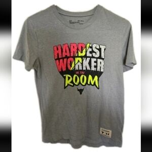 Under Armour Project Rock Youth Medium Gray Tee - Hardest Worker In The Room
